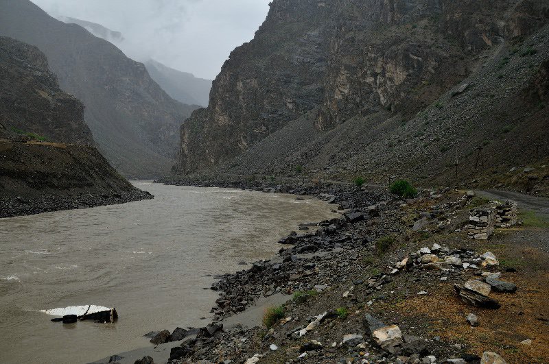 Truck lies in the Panj River - near Togmay, Tajikistan