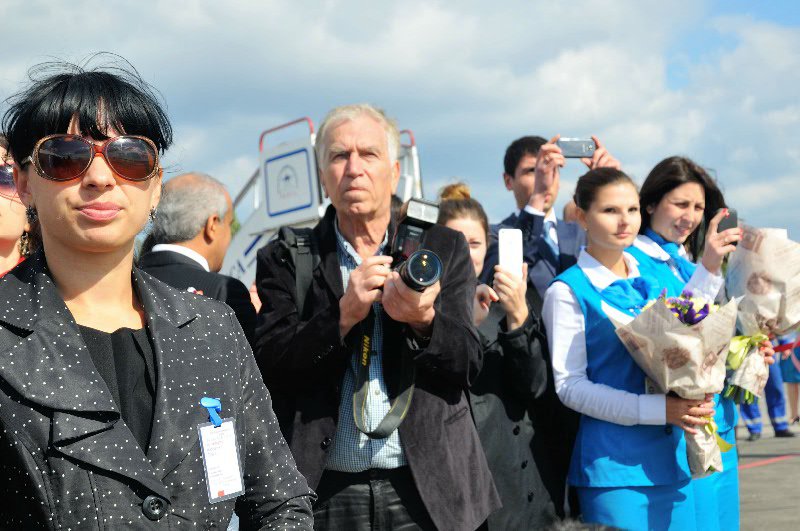 Expectant faces watch the arrival of flydubai's maiden flight - Odessa, Ukraine