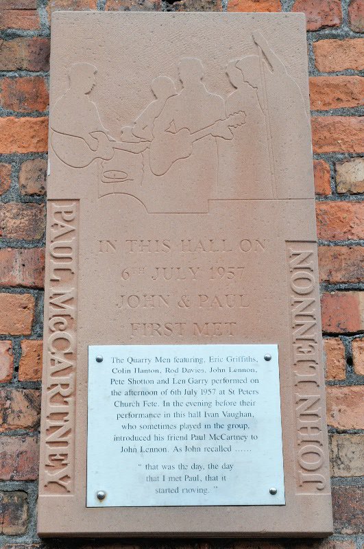 Plaque commeorating where John met Pual - St Peter's Church, Liverpool, UK