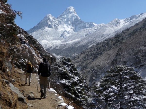 a typical mountainside path with Ama Dablam dominating the backdrop