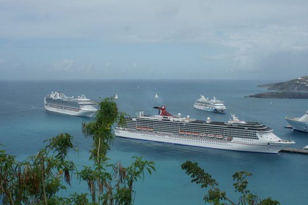 Carnival Miracle, some Celebrity ship, and an Aida ship in St Maarten