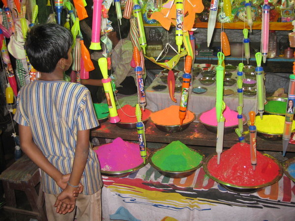 Open Air Market selling powdered colors for Holi