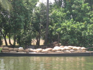 Long boat hauling rice bundles in backwater