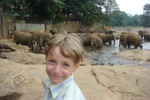 Elliot with the bathing elephants