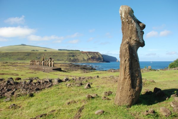 15 moaier + en enslig en. Disse ble restaurert og satt opp igjen på begynnelsen av 1990-årene