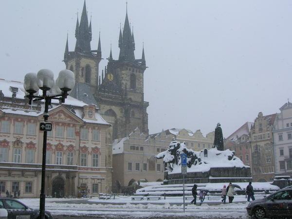 Snow in old town square