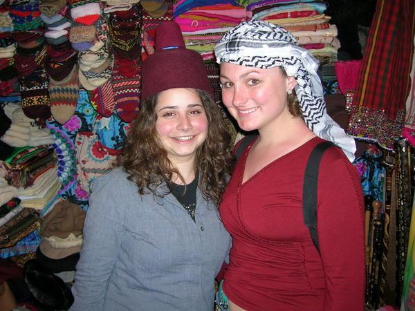 Lauren and me trying on the hats