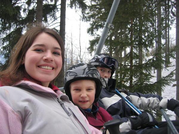 Carrie, Michel, and Vota on the chair lift