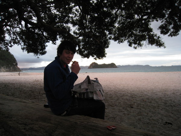 Phil Eating Fish + Chips on Hahei Beach