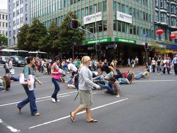 People sitting in the road