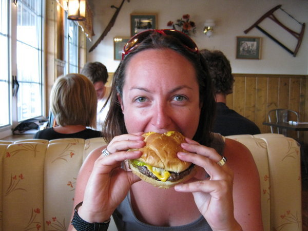 Jen eating an elk burger. Thrillling. 