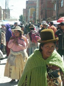 Bolivian ladies going about daily life