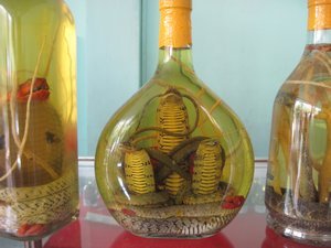 Snake in rice wine.  They wait for the snake to completely dissolve and then drink it.  It is supposed to give guys good hard ons.