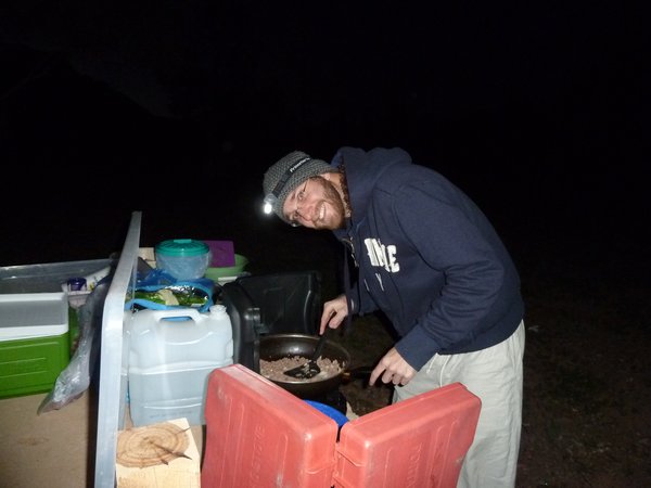 Our first time cooking dinner.  On the menu, spegetti.  It was very windy and almost impossible to cook but we managed.