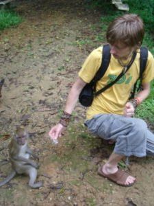 Feeding wild Longtail Macaques at Monkey Temple, Khao Sok National Park