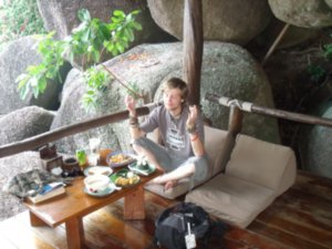 Relaxing over lunch on an axe pillow, Koh Tao