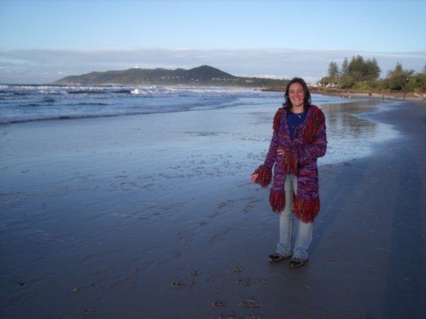 Jessie pleased with her new coat, Byron Bay Main Beach