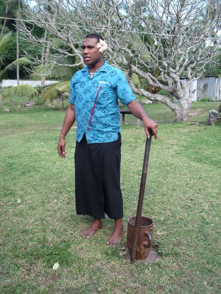Our guide Cam with the pot for grinding down the Kava root