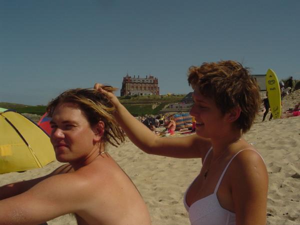 Maricel giving me dreads on Fistral beach