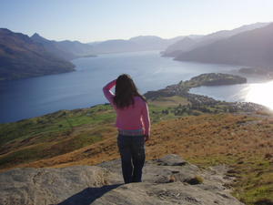 Keri looking back down Lake Wakatipu with the Frankton arm and Queenstown on the right