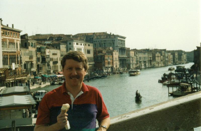 Bob eating gelato on the Grand Canal in Venice in 1988