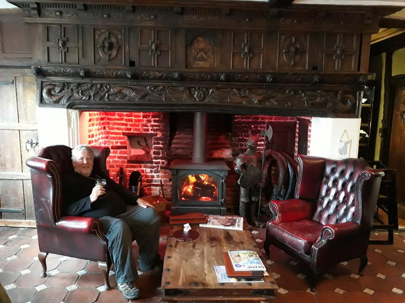 Me enjoying the fireplace at the Abbot's Fireplace Inn