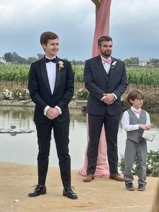 Groom William, Best Man Tim, and Ring Bearer Connor Awaiting Bride Mercy