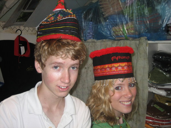 Will & Rosanna trying on Hill Tribes hats on Doi Inthanon