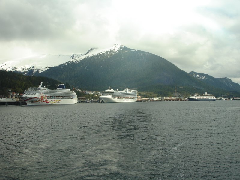 Cruise ships lined up at the pier as we depart Ketchikan