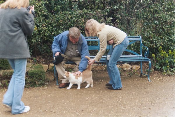 Bob and Rosanna patting a cat at the Jardin des Tuileries
