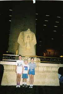 Tamara, Will, and Rosanna in front of the Sphinx at the Luxor Casino in Las Vegas