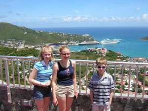 Rosanna, Tamara and Will on a hilltop overlooking Charlotte Amalie, USVI