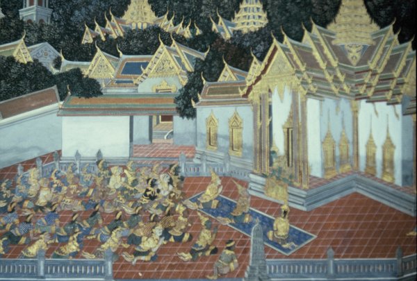 Scene from the Ramayana mural on the walls surrounding the temple