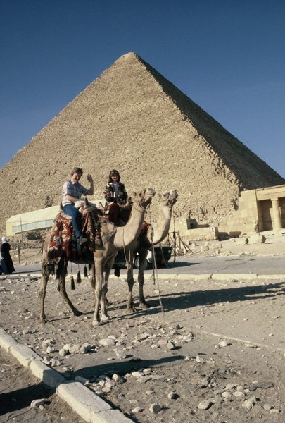Bob and Linda on camels at Giza Pyramids