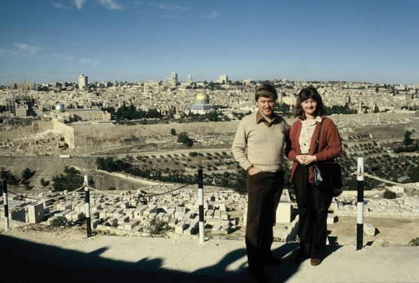 Bob and Linda on the Mount of Olives overlooking the Temple Mount and old Jerusalem