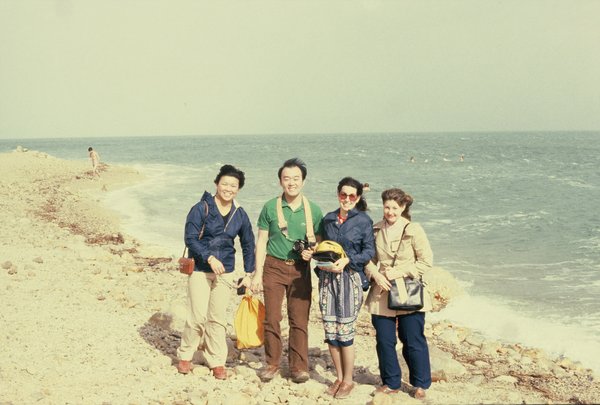 Linda on the right with friends on the shore of the Dead Sea