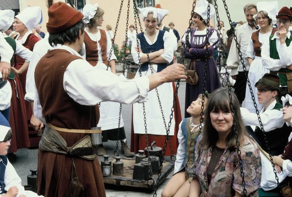 Kay being weighed to see if she was a witch