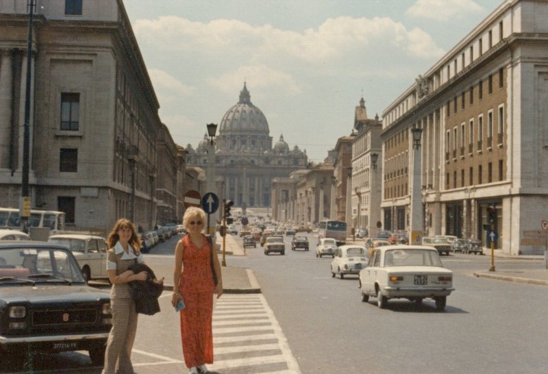 Linda with touring companion in front of St Peters Basilica, Vatican City