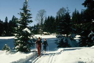 Kay and Linda cross country skiing between Oberammergau and Linderhof Castle