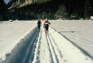 Bob and Linda cross country skiing between Oberammergau and Linderhof Castle
