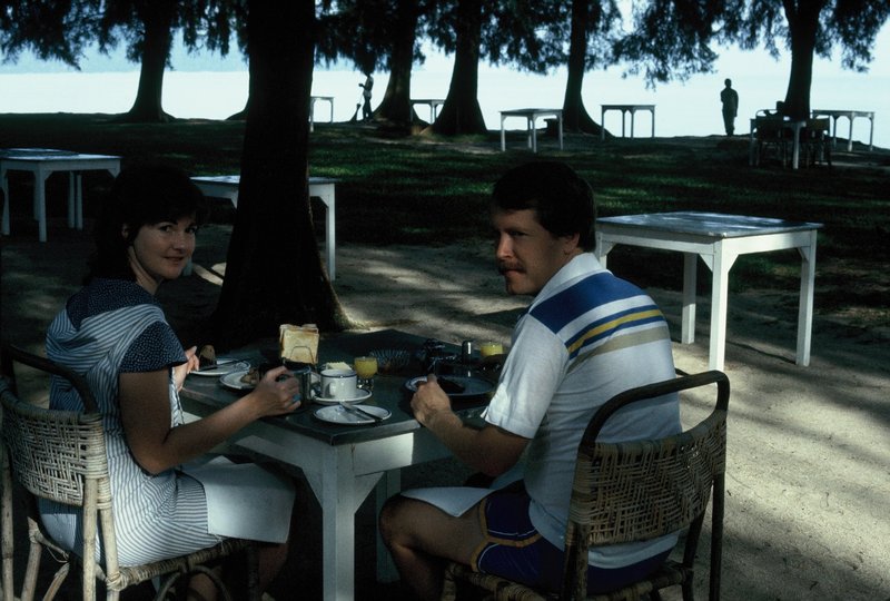 Linda and Bob having breakfast under the pines at the Lone Pine Hotel