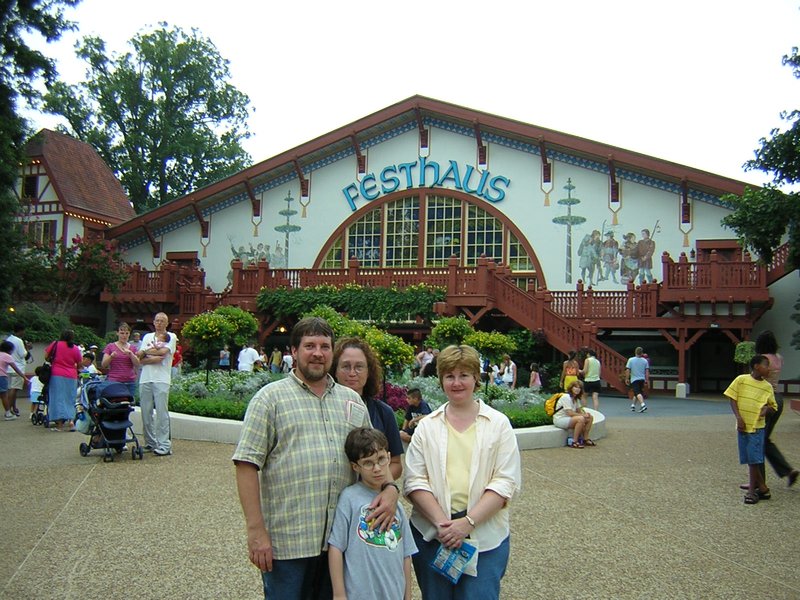 Linda's brother Marlan, wife Arlene, son Rhett, and Linda at Busch Gardens in 2003