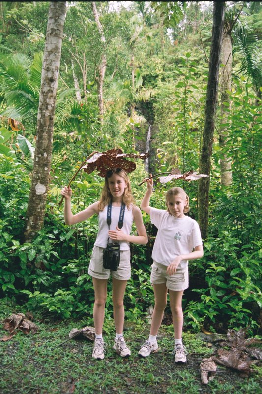 Tamara and Rosanna using large leaves as umbrellas at the El Junque Rain Forest
