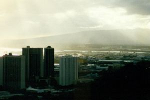 View of Honolulu from our hotel with storm approaching
