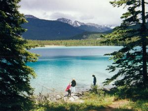 Will, Rosanna, and Tamara at Annette Lake, Jasper National Park