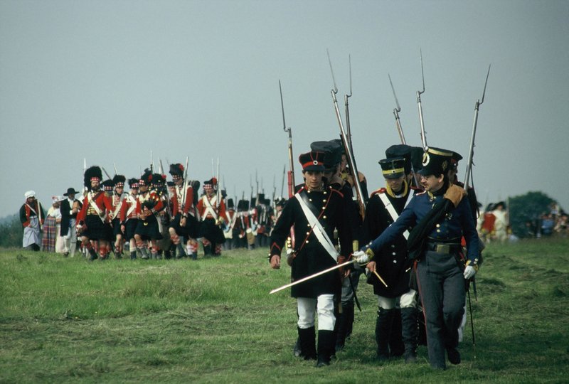 Battle of Waterloo reenactment; the infantry is placed in line