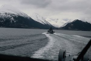 Norwegian minesweeper following its escort ship