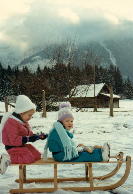 Tamara and Rosanna sledding in Garmisch