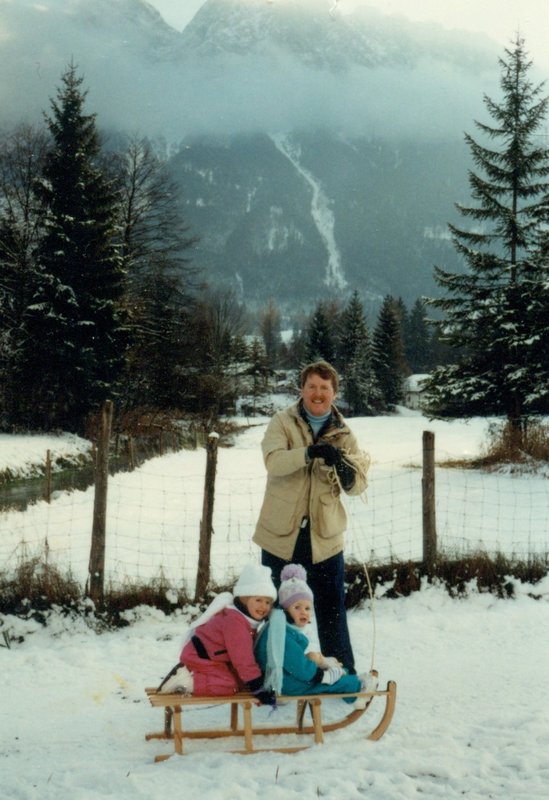 Bob with Tamara and Rosanna sleding in Garmisch