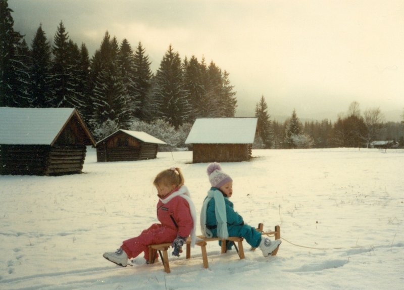 Tamara and Rosanna sledding in Garmisch